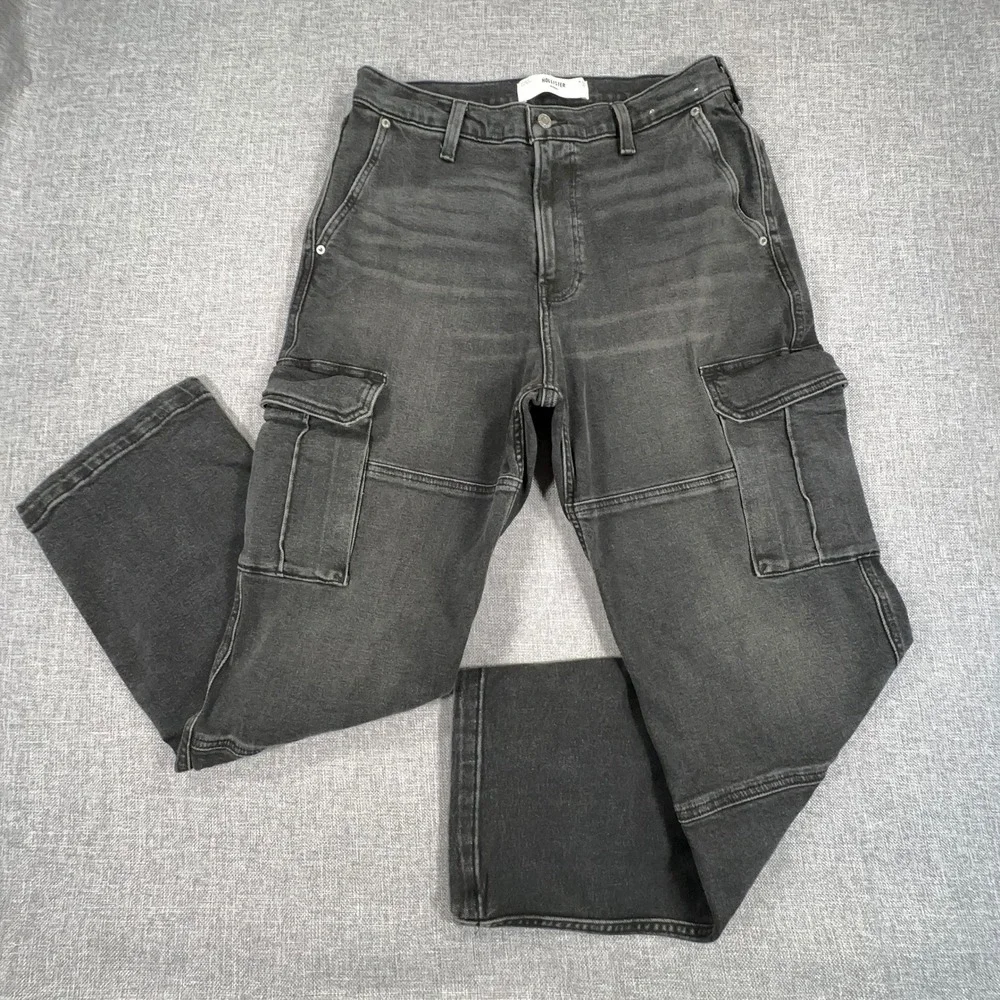 Hollister Cargo Jeans Mens 33x32 (Fits as 31x30) Black Baggy Faded Double Knee